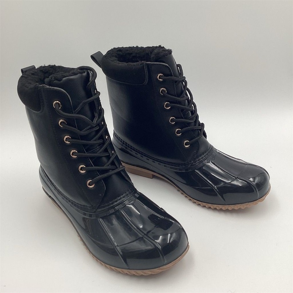 JF Women's Ankle Boots Size 7.5 Black Faux Leather Fur Trim Winter Casual